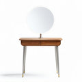 Walnut makeup vanity table with round mirror and two drawers 80 x 40 x 75cm