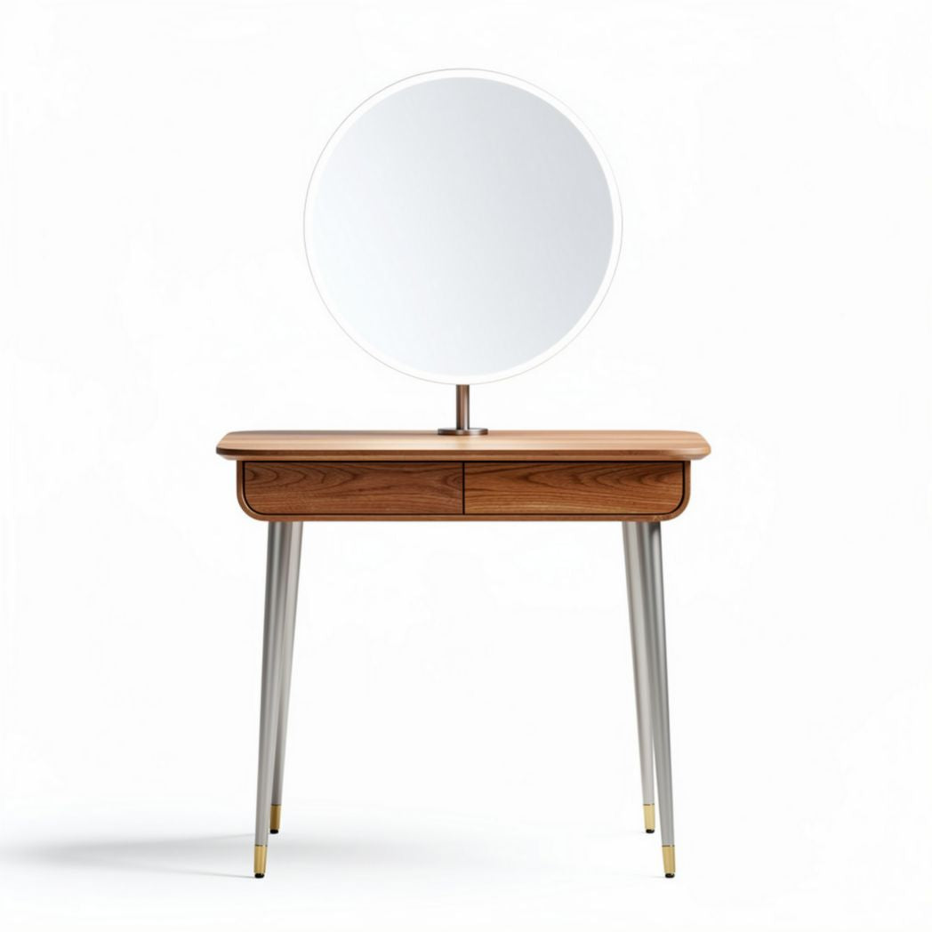 Walnut makeup vanity table with round mirror and two drawers 80 x 40 x 75cm