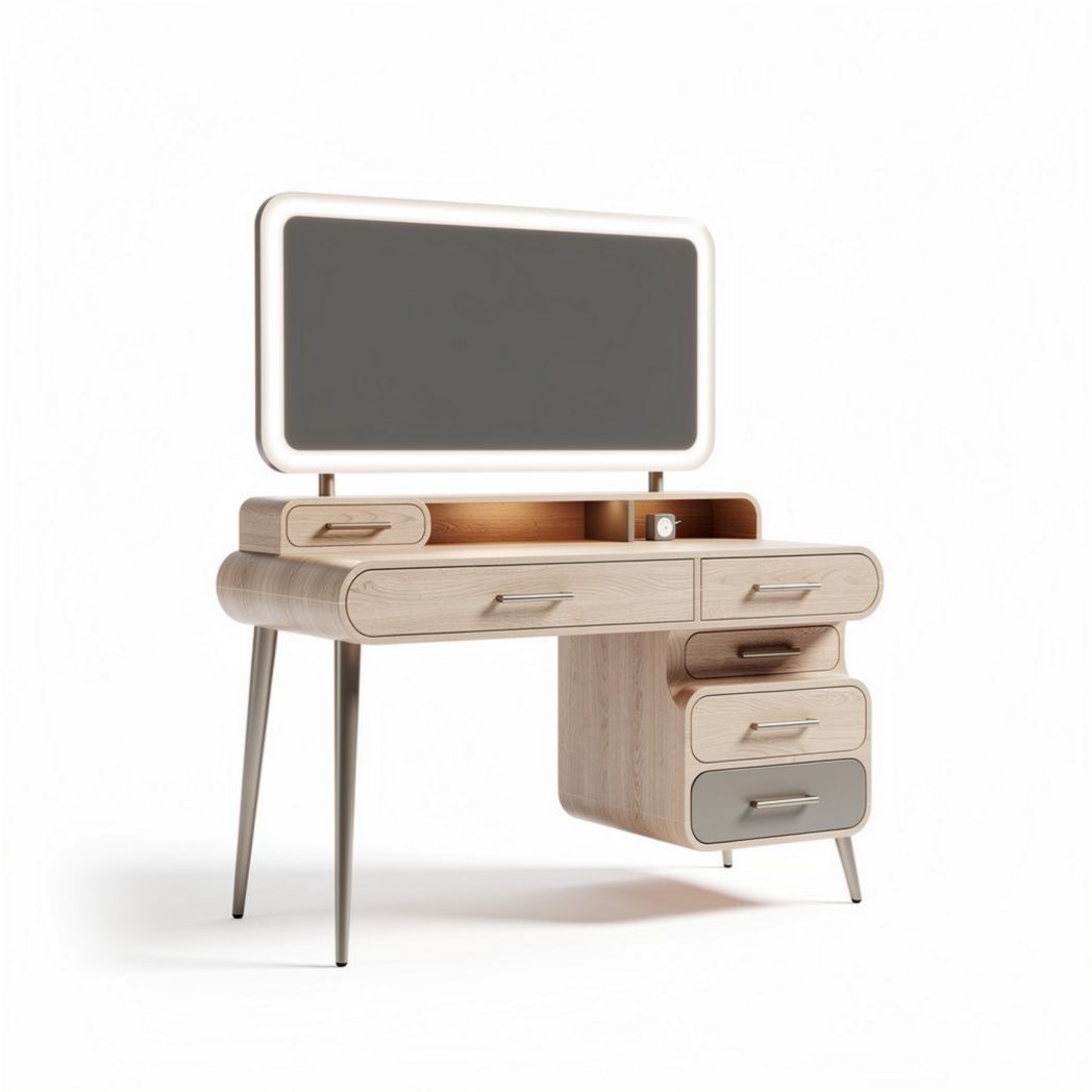 Wooden vanity desk with mirror and storage drawers in natural finish 90 x 40 x 150cm