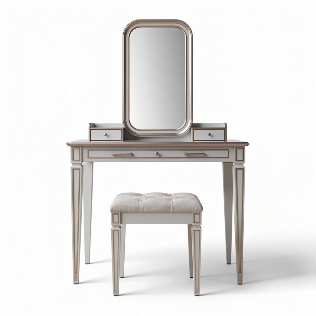 Vanity table with mirror and cushioned stool in silver and cream finish 100 x 40 x 75cm