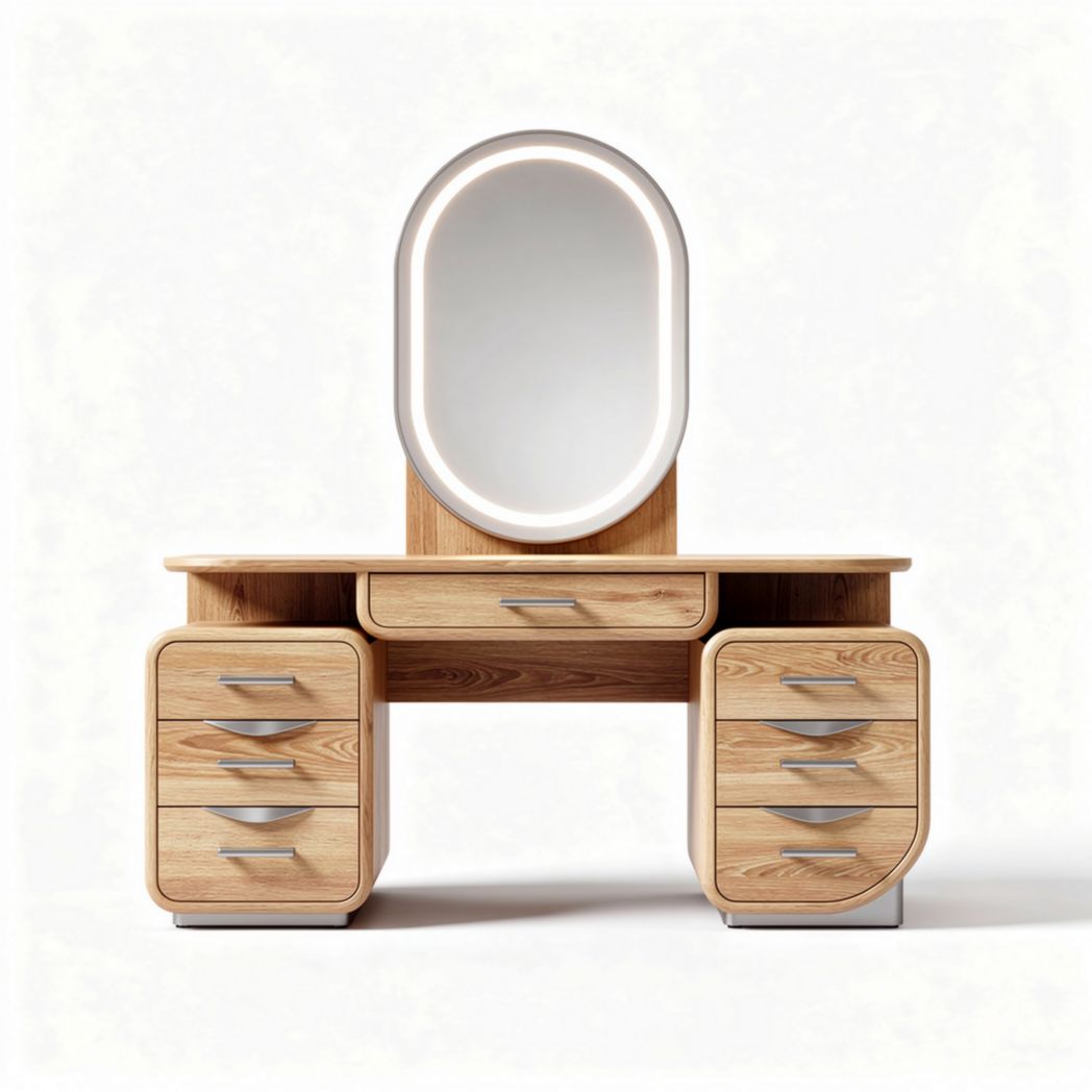Wooden vanity table with oval mirror and storage drawers 90 x 45 x 75cm