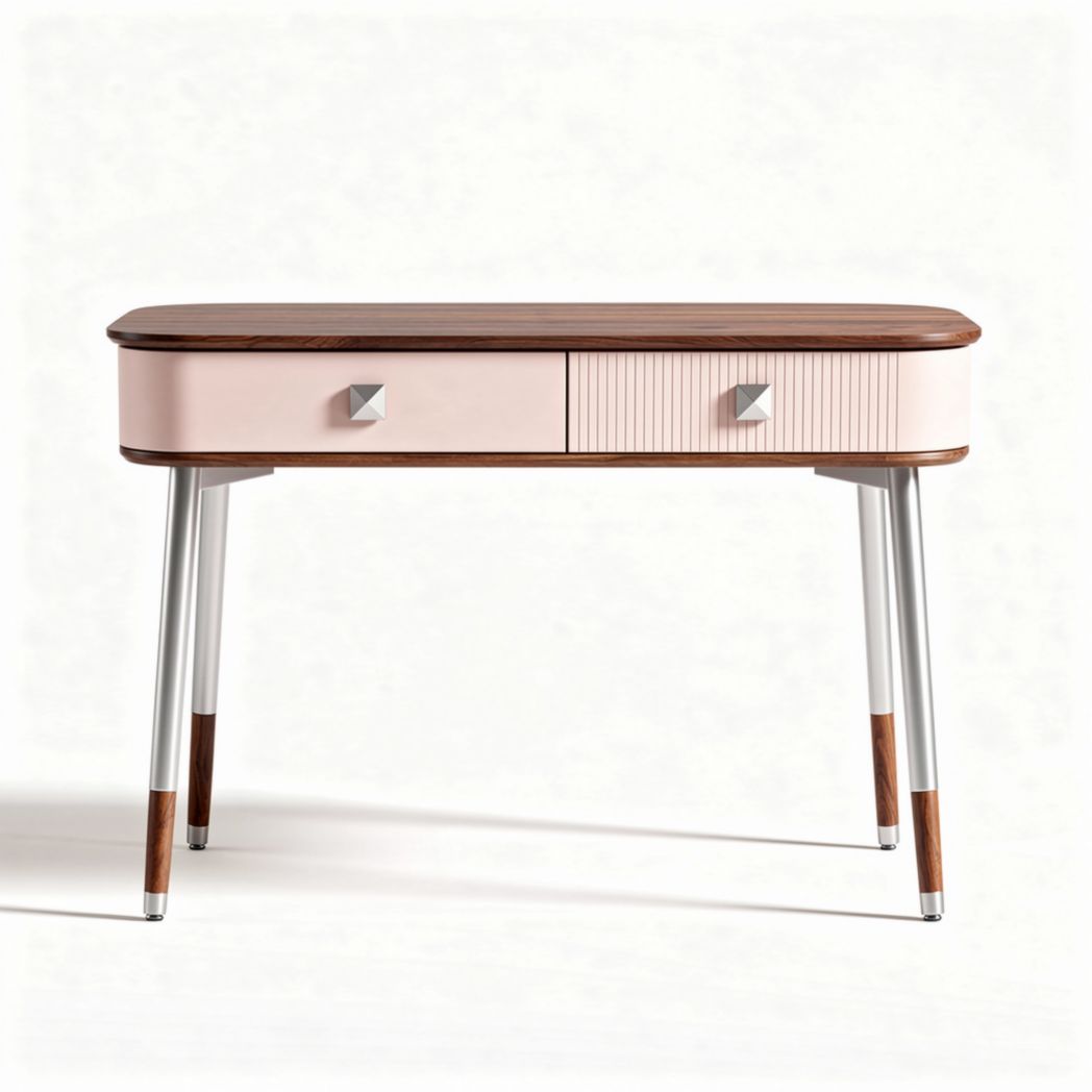 Pink and walnut writing desk with one drawer and metal legs 100 x 50 x 75cm