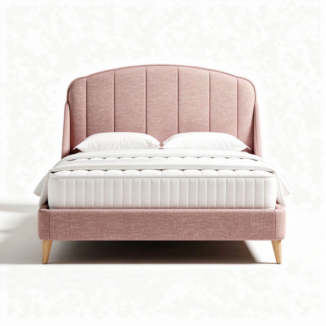 Upholstered pink bed frame with padded headboard and wood legs 190 x 140 x 100cm