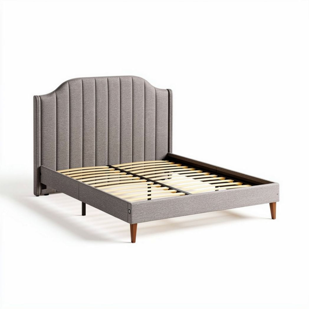 Upholstered platform bed frame with wooden slats in grey 200 x 160 x 120cm