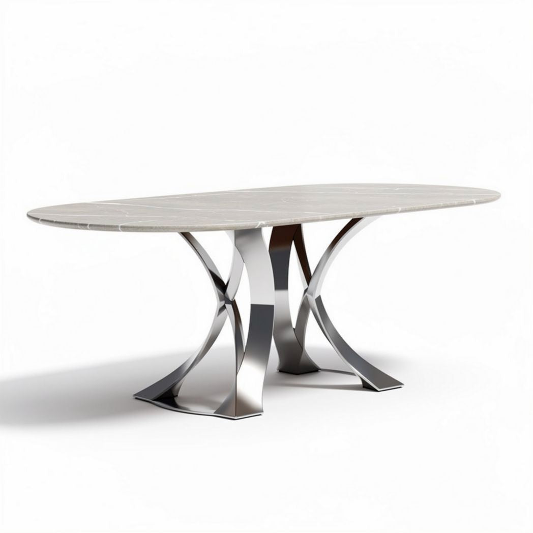 Oval dining table with marble top and stainless steel base 200 x 100 x 75cm