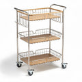 Three-tier rolling cart with metal wire baskets and bamboo shelves 80 x 40 x 90cm
