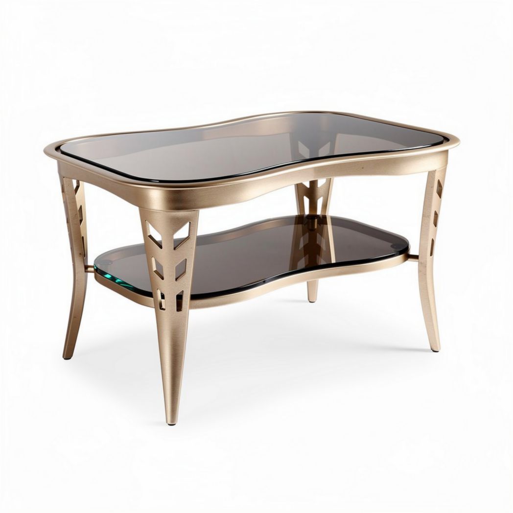 Metal coffee table with glass top and lower shelf 100 x 60 x 45cm gold