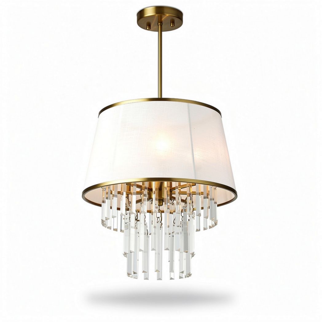 Brass and glass pendant light fixture with white fabric shade 30 x 30 x 60cm