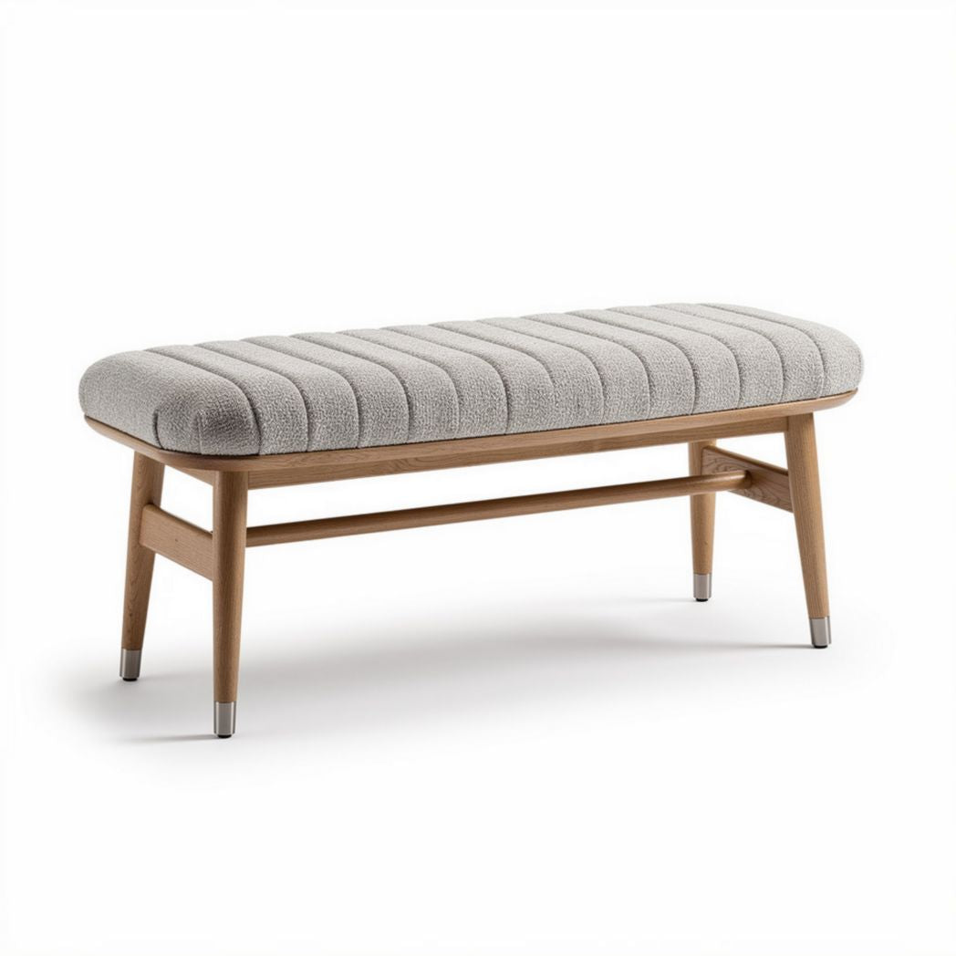 Upholstered bench in light gray fabric with wooden legs 120 x 40 x 45cm