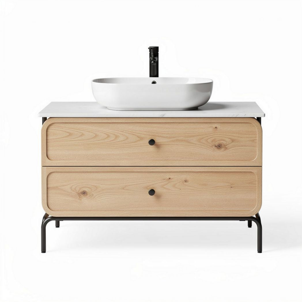 Wooden bathroom vanity with ceramic basin and two storage drawers 80 x 50 x 85cm
