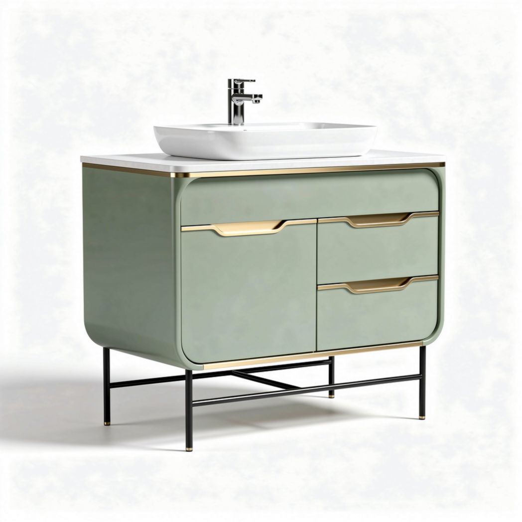 Green bathroom vanity cabinet with sink porcelain basin and metal legs 80 x 45 x 85cm