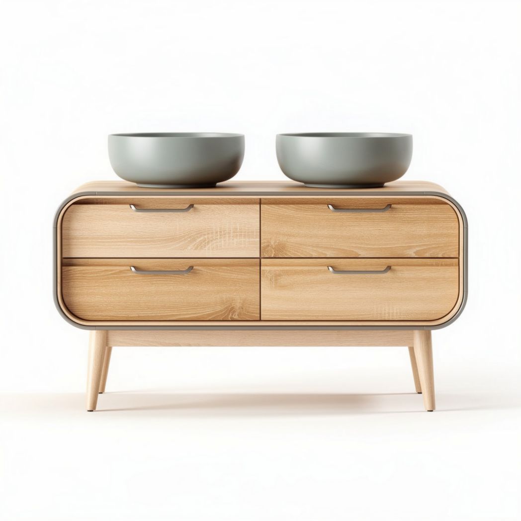 Wooden bathroom vanity cabinet with ceramic bowls and four drawers 80 x 40 x 70cm