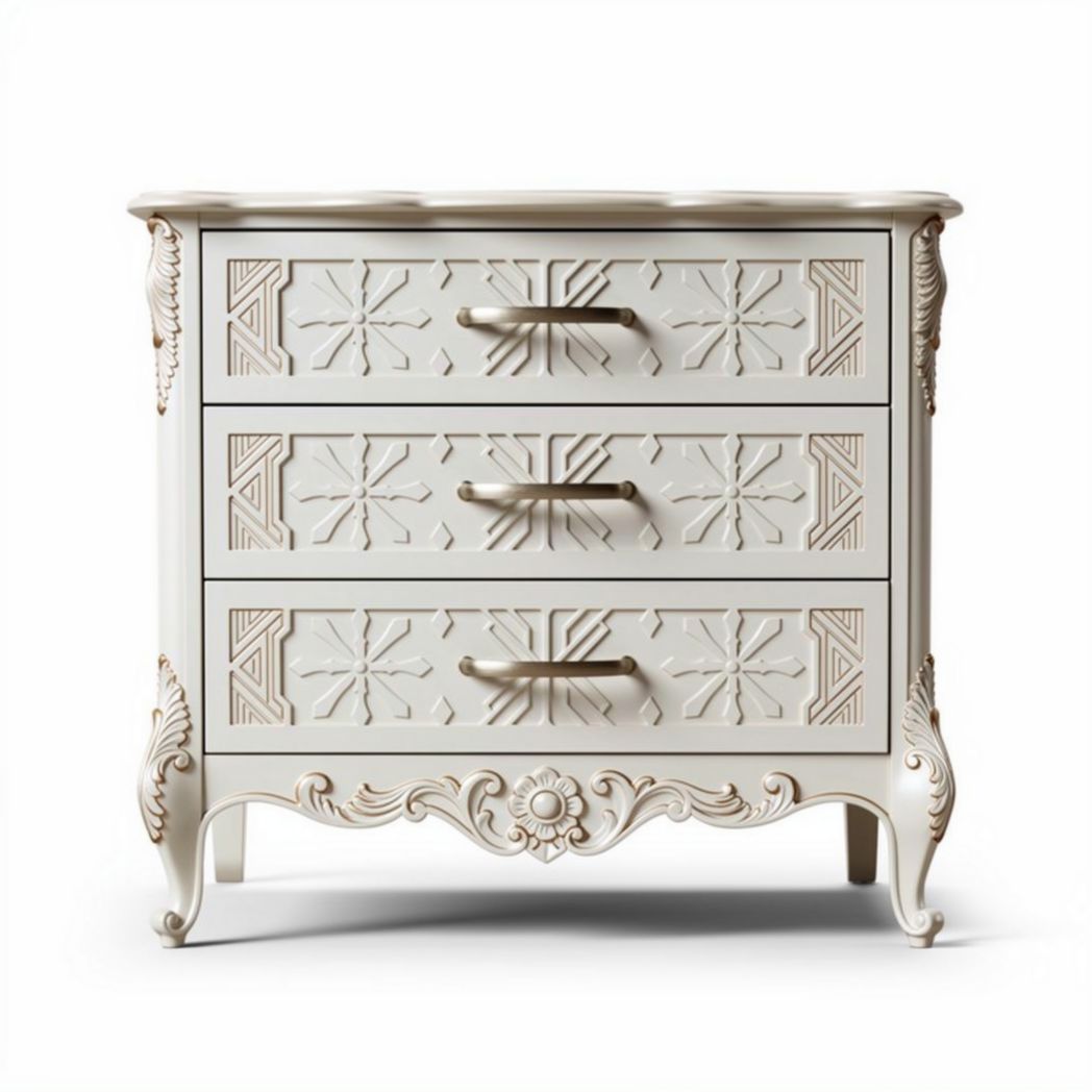 Decorative white nightstand with three drawers and floral carvings 80 x 40 x 75cm