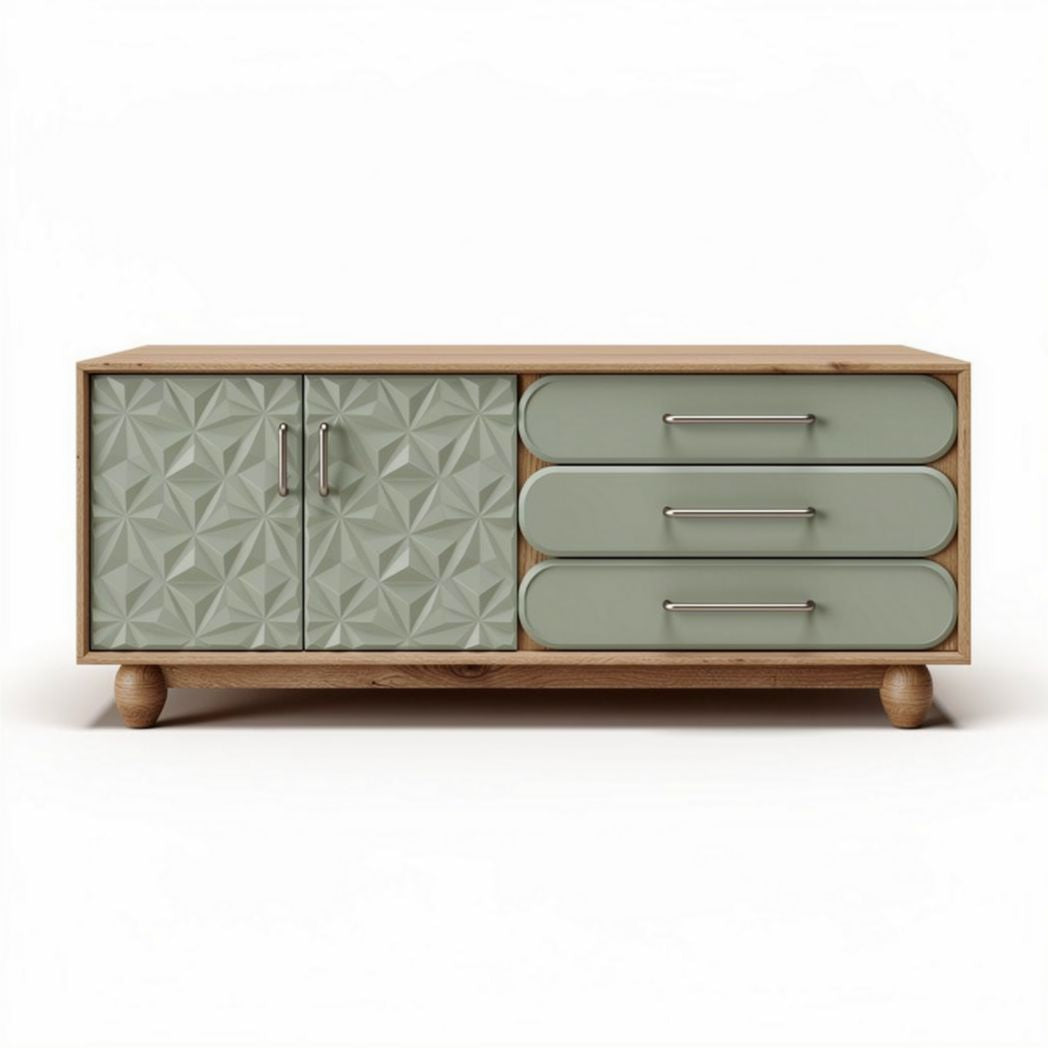 Modern wooden sideboard with geometric design doors and storage drawers 130 x 40 x 60cm